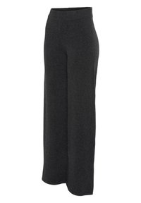 Weite schwarze Hosen aus weichem Strickstoff. Merkmale sind ein hoher, elastischer Taillenbund und eine fließende Silhouette mit gesäumten Kanten.