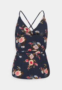 Top floral azul-marinho com alças de espaguete ajustáveis, apresentando um corpete ajustado e uma cintura larga, adornado com padrões de flores rosas e brancas.