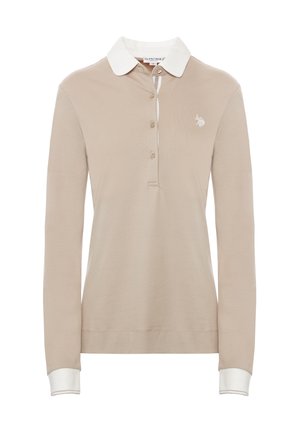 Polo shirt beige a maniche lunghe, con colletto e polsini bianchi a contrasto, patta con tre bottoni e logo ricamato sul petto.