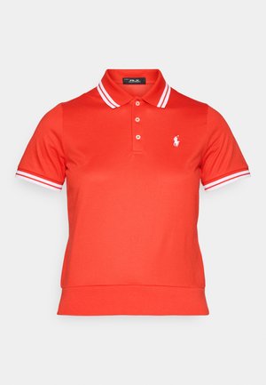Red polo shirt with a white striped collar, short sleeves, three-button placket, and a small embroidered logo on the left chest.