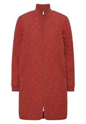 Quilted, knee-length jacket in dark red. Features a high collar, front zip closure, two side pockets, and ribbed cuffs. Honeycomb pattern.