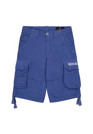 Blaue Cargo-Shorts aus leichtem Stoff, mit zwei seitlichen Taschen, zwei Cargotaschen und verstellbaren Zugbändern am Saum.