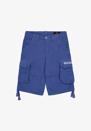 Modré cargo šortky vyrobené z ľahkej tkaniny, s dvoma bočnými vreckami, dvoma cargo vreckami a nastaviteľnými šnúrkami na leme.