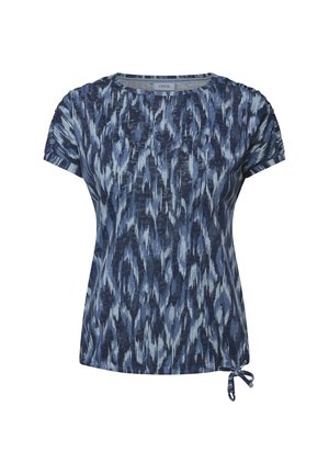 T-shirt a maniche corte blu con motivo, caratterizzato da texture astratte, scollatura rotonda e un dettaglio annodato sull'orlo per una vestibilità regolabile.