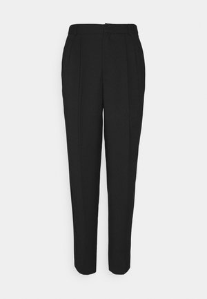 Black tailored high-waist trousers with belt loops, pleated front, and tapered legs shown against a plain background.