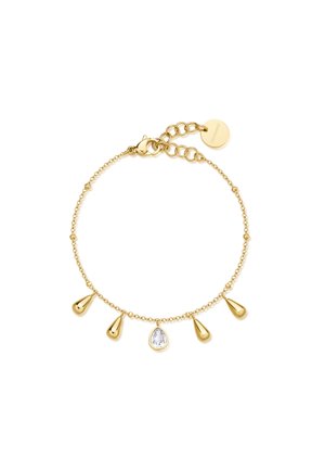 Bracciale in oro con quattro ciondoli a goccia e una pietra centrale trasparente. La catena presenta un design delicato e texturizzato con un chiusura a gancio.