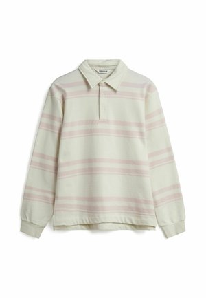 Light green long-sleeve polo shirt with a collar, featuring horizontal pink stripes and a relaxed fit. Made from soft, textured fabric.