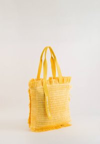 Yellow tote bag with frayed edges, made from woven material. Features thick handles and "HELLO SUMMER" text on one side.