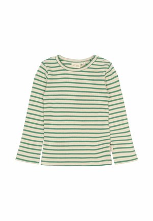 Zöld és fehér csíkos, hosszú ujjú póló bordázott anyagból. Kerek nyakkivágással és oldalsó gomb részlettel rendelkezik.