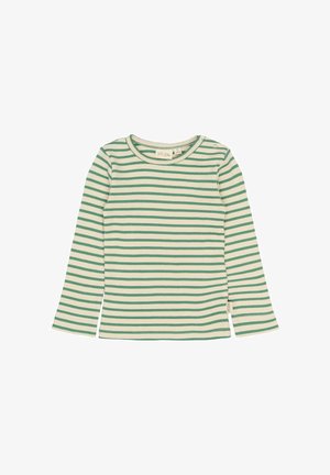 Zeleno-bela prugasta srajca z dolgimi rokavi, izdelana iz rebraste tkanine. Ima okrogel izrez in detajl z gumbi na strani.