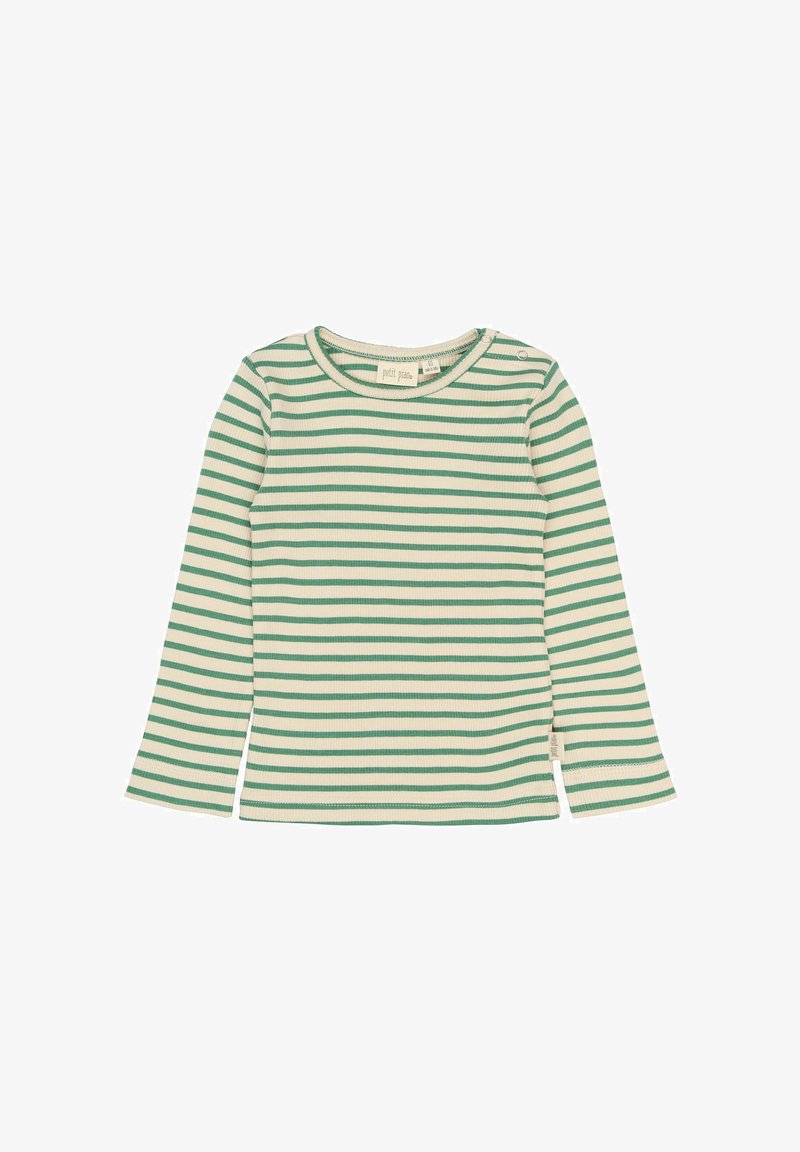 Cămașă cu mânecă lungă, în dungi verzi și albe, confecționată dintr-un material ribbed. Are un guler rotund și detalii cu nasturi pe lateral.