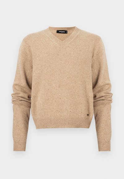 Beige gestrickter Pullover mit V-Ausschnitt, gerippten Bündchen und Saum. Verfügt über eine subtile marmorierte Struktur. Etikett sichtbar im Halsausschnitt.