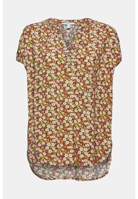 Blusa floreale con scollo a V, maniche corte e vestibilità ampia. Presenta un motivo floreale multicolore su uno sfondo chiaro. Orlo arrotondato.