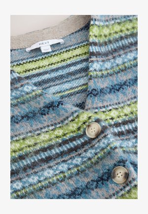 Multifarvet strikket cardigan med striber i blå, grøn og brun; V-udskæring med to cremefarvede knapper og en blød tekstur.