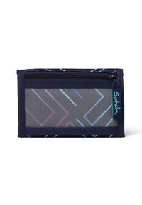 Wallet with a navy fabric exterior, featuring a transparent mesh section with geometric pink and blue patterns. Zipper closure along the top.