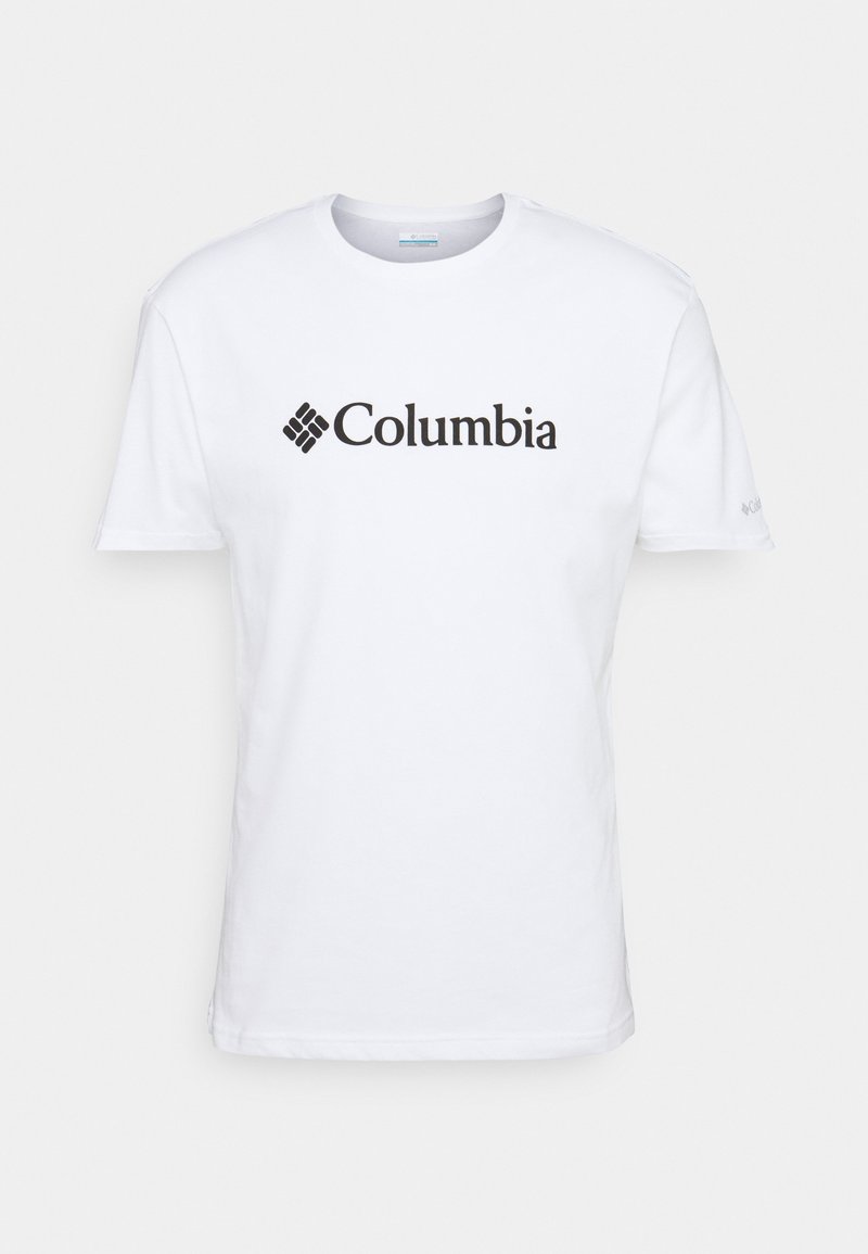 Hvid bomulds t-shirt med et sort "Columbia" logo på tværs af brystet. Rund halsudskæring og korte ærmer med en glat tekstur.