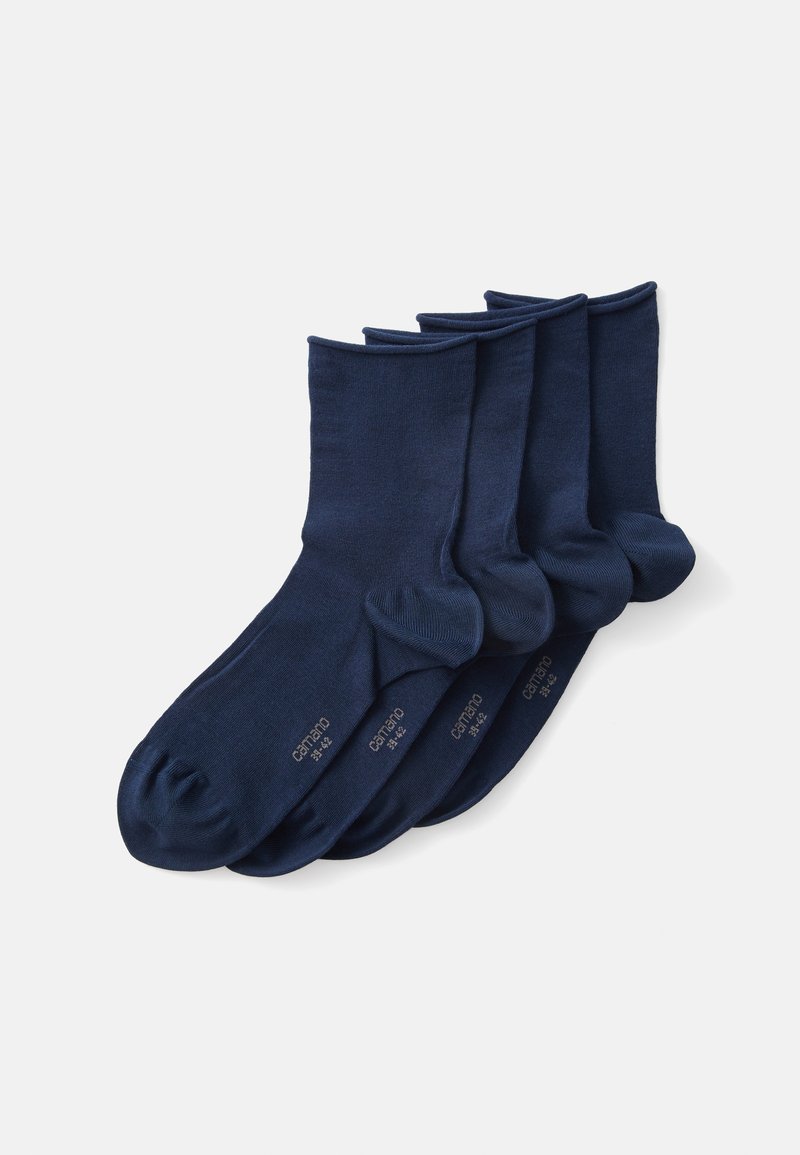 Dunkelblaue Baumwollsocken im Viererpack, mit glatter Textur, gerippten Bündchen und verstärkten Fersen. Größenangaben auf den Sohlen.