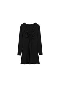 Mini-robe noire à manches longues avec un décolleté en V profond et un détail noué à l'avant au niveau de la poitrine, avec une jupe légèrement évasée.
