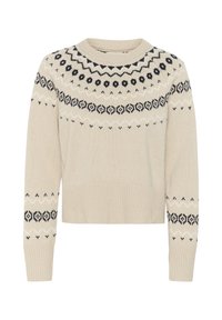 Pull en maille beige avec un col rond, des manches longues et un empiècement à motif bleu foncé avec un design géométrique et un ourlet côtelé.