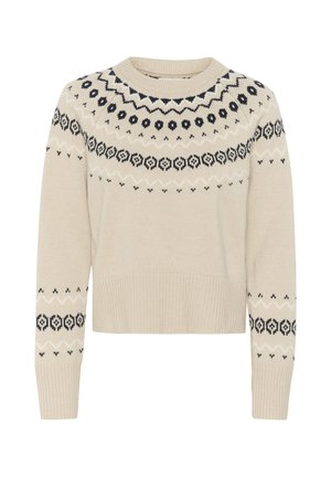 Beige stickad tröja med rund halsringning, långa ärmar och en mönstrad yoke i mörkblått med ett geometriskt mönster och ribbad fåll.