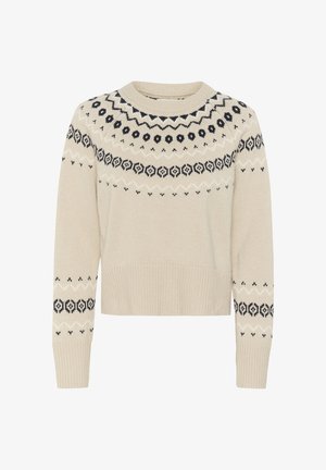 Beige strikket sweater med rund udskæring, lange ærmer og en mønstret bærestykke i mørkeblå med et geometrisk design og ribbet kant.