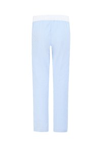 Helleblau- und weißkarierte Hose mit elastischem Bund, gerade Passform und glatter Textur.