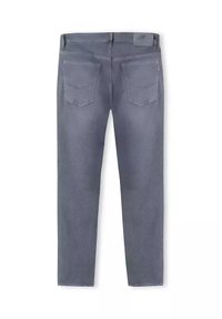 Szare dżinsy o dopasowanym kroju, z dwiema tylnymi kieszeniami i teksturowanym wykończeniem. Metka na pasku, minimalne detale w szwach.