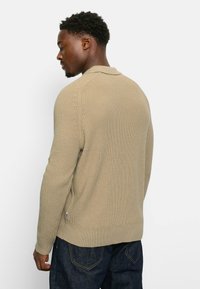 Beige Strickpullover mit Kragen, strukturiertem Muster und gerippten Bündchen, kombiniert mit dunklen Jeans, von hinten gezeigt.