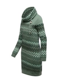 Grünes Strickkleid mit Zickzackmuster in verschiedenen Farbtönen. Verfügt über einen Schalkragen, einen Kordelzugverschluss und lange Ärmel mit Bündchen.
