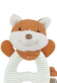Soft fox-shaped toy with orange corduroy head, white fur accents, and a striped green body. Features embroidered eyes and nose.