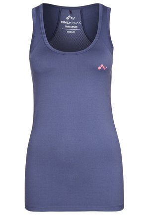 Débardeur de sport bleu marine sans manches avec encolure arrondie et logo rose sur la poitrine gauche, étiquette de taille moyenne à l’intérieur du col.