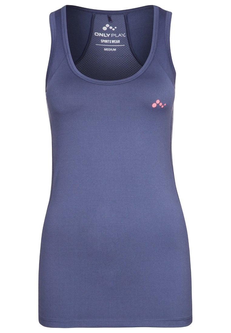Débardeur de sport bleu marine sans manches avec encolure arrondie et logo rose sur la poitrine gauche, étiquette de taille moyenne à l’intérieur du col.