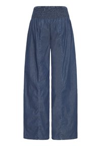 Pantalon en denim bleu à jambes larges avec taille smockée élastique et poches latérales, conçu pour une tenue décontractée.