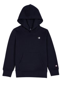 Felpa con cappuccio blu navy in misto cotone, dotata di tasca frontale, polsini a costine e logo sul petto e sulla manica.