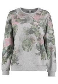 Jasnoszara bluza z długim rękawem, ozdobiona zielonymi i różowymi wzorami tropikalnych liści, z prążkowanymimankietami i okrągłym dekoltem.