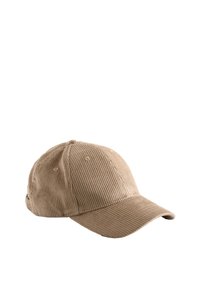 Casquette de baseball en velours côtelé beige avec une couronne arrondie et une visière légèrement incurvée. Caractéristiques de coutures apparentes et d'une sangle réglable à l'arrière.