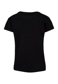 Czarny bawełniany T-shirt z krótkim rękawem i okrągłym dekoltem. Gładka faktura, lekko zaokrąglony dół, brak widocznych wzorów lub akcentów.