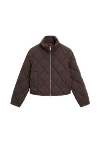 Giacca cropped trapuntata marrone scuro con colletto alto, tasche frontali e chiusura con zip argentata. Presenta un motivo in cucitura a diamante.