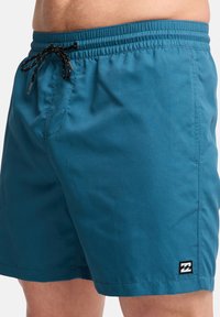 Bañadores en color teal de tela ligera, con una cinturilla elástica y cordón negro, y un pequeño parche de logo en el dobladillo inferior.