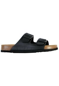 Sandalo scivola in pelle nera con due fibbie regolabili, soletta in sughero e suola in gomma testurizzata, caratterizzato da un design open-toe.