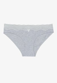 Graue Baumwollunterwäsche mit einer gewellten Spitzenbund, versehen mit einer kleinen dekorativen Schleife in der Mitte vorne. Glatte Textur und figurbetontes Design.