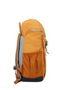 Orange backpack with a textured surface, side mesh pocket, gray accents, and adjustable straps. Features a zippered top and elastic side pocket.