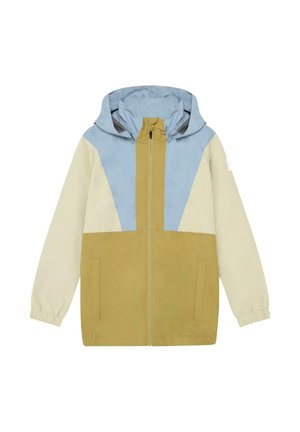 Lastejope kapuutsi, eesmine lukk ja värvilised plokid hele sinise, beeži ja sinepikollase toonides.