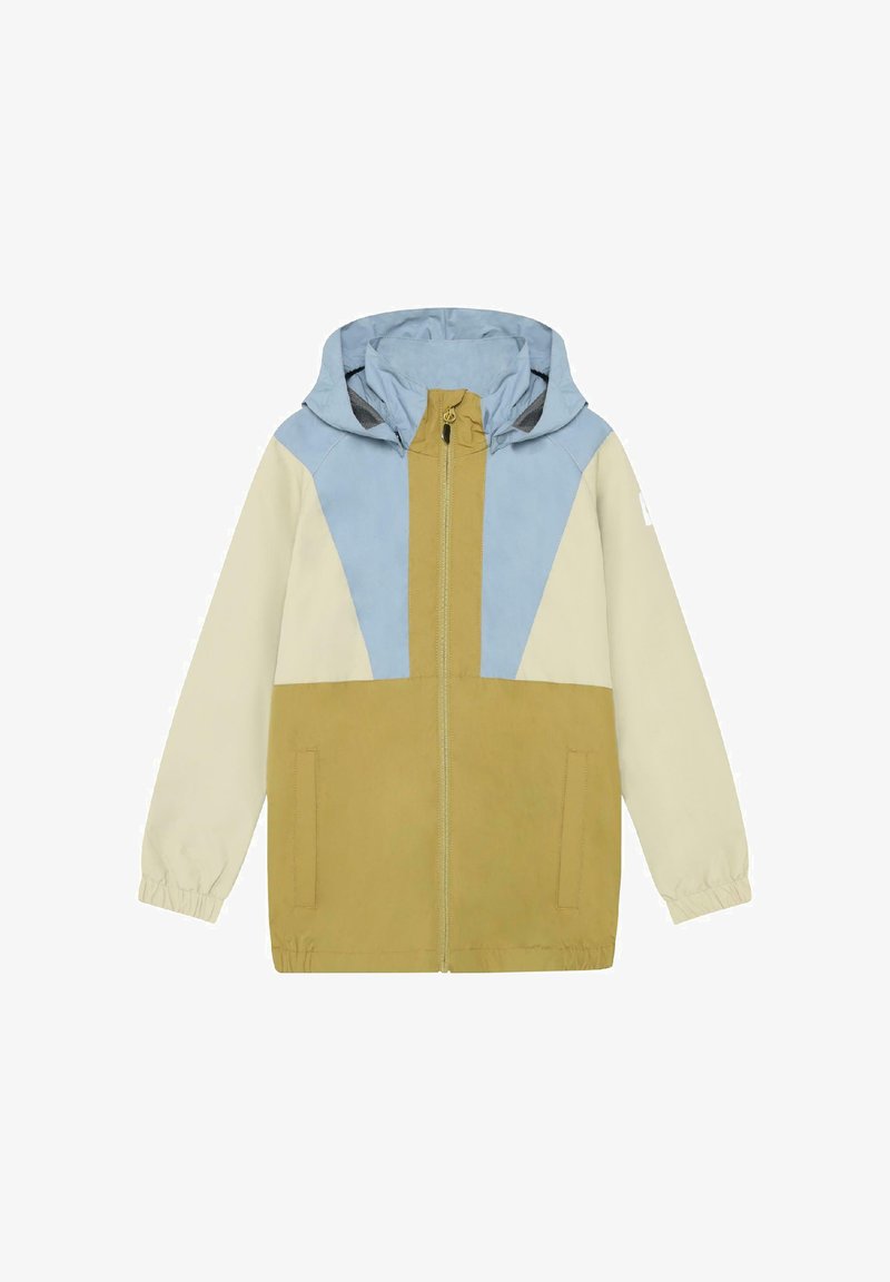 Veste pour enfants avec capuche, fermeture éclair devant et blocs de couleur en bleu clair, beige et jaune moutarde.