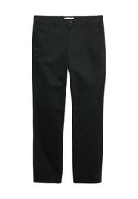 Sorte bomulds chinos med lige ben-design, der har frontlommer og knaplukning. Glat tekstur uden synlige mønstre.