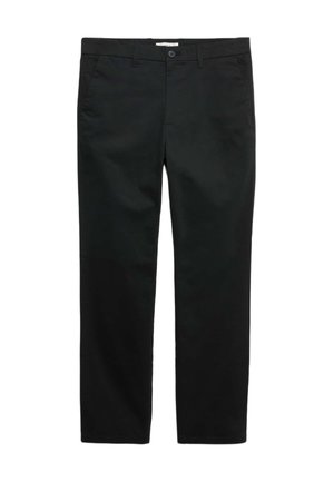 Chino en coton noir avec une coupe droite, comportant des poches avant et une fermeture à bouton. Texture lisse sans motifs visibles.