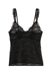 Camisole noire en dentelle avec bretelles ajustables, ornée d'un motif floral, de bords en dentelle, et d'un corsage ajusté. Texture transparente sur l'ensemble.