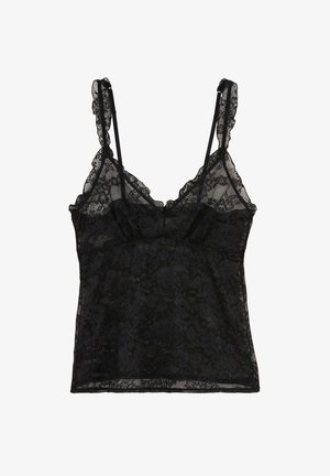 Camisole noire en dentelle avec bretelles ajustables, ornée d'un motif floral, de bords en dentelle, et d'un corsage ajusté. Texture transparente sur l'ensemble.