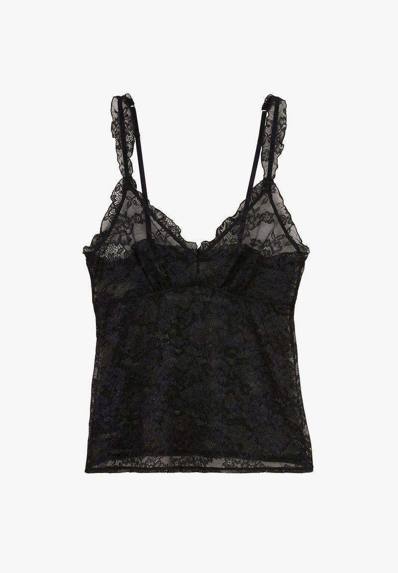 Camisole noire en dentelle avec bretelles ajustables, ornée d'un motif floral, de bords en dentelle, et d'un corsage ajusté. Texture transparente sur l'ensemble.