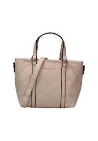 Borsa a tracolla beige trapuntata realizzata in pelle sintetica, con doppio manico superiore, tracolla removibile e dettagli in logo color oro.